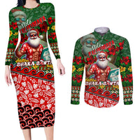 Mele Kalikimaka Shaka Santa Couples Matching Long Sleeve Bodycon Dress and Long Sleeve Button Shirt Hawaiian Surf Christmas Design with Aloha Spirit DT02 Green - Polynesian Pride