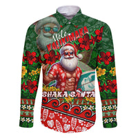 Mele Kalikimaka Shaka Santa Family Matching Off The Shoulder Long Sleeve Dress and Hawaiian Shirt Hawaiian Surf Christmas Design with Aloha Spirit DT02 Dad's Shirt - Long Sleeve Green - Polynesian Pride
