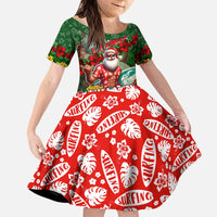 Mele Kalikimaka Shaka Santa Family Matching Puletasi and Hawaiian Shirt Hawaiian Surf Christmas Design with Aloha Spirit DT02 Daughter's Dress Green - Polynesian Pride