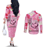 Butterfly Polynesia Breast Cancer Couples Matching Off The Shoulder Long Sleeve Dress and Long Sleeve Button Shirt Nobody Fights Alone Pink Out Tropical Hibiscus