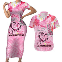 Butterfly Polynesia Breast Cancer Couples Matching Short Sleeve Bodycon Dress and Hawaiian Shirt Nobody Fights Alone Pink Out Tropical Hibiscus DT02 Pink - Polynesian Pride