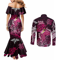 Breast Cancer Mermaid Polynesia Couples Matching Mermaid Dress and Long Sleeve Button Shirt Faith Hope Love DT02 - Polynesian Pride