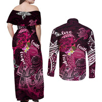 Breast Cancer Mermaid Polynesia Couples Matching Off Shoulder Maxi Dress and Long Sleeve Button Shirt Faith Hope Love
