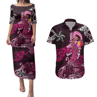 Breast Cancer Mermaid Polynesia Couples Matching Puletasi and Hawaiian Shirt Faith Hope Love
