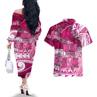 Breast Cancer Awareness Hawaii Couples Matching Off The Shoulder Long Sleeve Dress and Hawaiian Shirt Polynesia Girl Nobody Fights Alone DT02 - Polynesian Pride