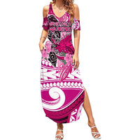 Breast Cancer Awareness Hawaii Family Matching Summer Maxi Dress and Hawaiian Shirt Polynesia Girl Nobody Fights Alone DT02 Mom's Dress Pink - Polynesian Pride