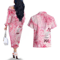 Breast Cancer Awareness Month Couples Matching Off The Shoulder Long Sleeve Dress and Hawaiian Shirt Butterfly Polynesia Watercolor Pink DT02 - Polynesian Pride