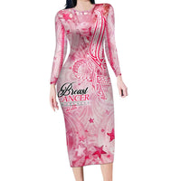 Breast Cancer Awareness Month Family Matching Long Sleeve Bodycon Dress and Hawaiian Shirt Butterfly Polynesia Watercolor Pink DT02 Mom's Dress Pink - Polynesian Pride