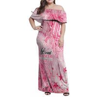 Breast Cancer Awareness Month Family Matching Off Shoulder Maxi Dress and Hawaiian Shirt Butterfly Polynesia Watercolor Pink DT02 Mom's Dress Pink - Polynesian Pride