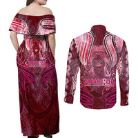 Breast Cancer Warrior Couples Matching Off Shoulder Maxi Dress and Long Sleeve Button Shirt Angel Wings Polynesian Pattern