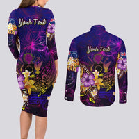 Cook Islands Couples Matching Long Sleeve Bodycon Dress and Long Sleeve Button Shirt Whale Hibiscus Polynesian