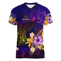 Cook Islands Women V-Neck T-Shirt Whale Hibiscus Polynesian