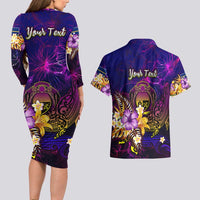 Nauru Couples Matching Long Sleeve Bodycon Dress and Hawaiian Shirt Whale Hibiscus Polynesian
