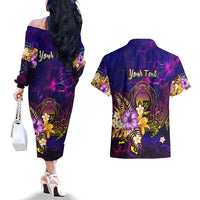 Nauru Couples Matching Off The Shoulder Long Sleeve Dress and Hawaiian Shirt Whale Hibiscus Polynesian