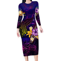Nauru Family Matching Long Sleeve Bodycon Dress and Hawaiian Shirt Whale Hibiscus Polynesian DT02 Mom's Dress Purple - Polynesian Pride