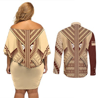 Fiji Bula Couples Matching Off Shoulder Short Dress and Long Sleeve Button Shirts Tapa Pattern Design DT02 - Polynesian Pride