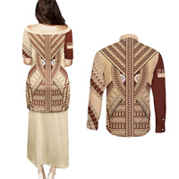 Fiji Bula Couples Matching Puletasi Dress and Long Sleeve Button Shirts Tapa Pattern Design DT02 - Polynesian Pride