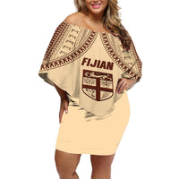 Fiji Bula Off Shoulder Short Dress Tapa Pattern Design DT02 Women Beige - Polynesian Pride