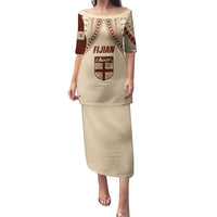 Fiji Bula Puletasi Tapa Pattern Design DT02 Long Dress Beige - Polynesian Pride