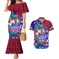 Manu Samoa Rugby 2023 Couples Matching Mermaid Dress and Hawaiian Shirt Humpback Whale Hexagon Tribal Tropical Style DT02 Blue - Polynesian Pride