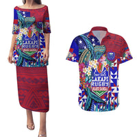 Manu Samoa Rugby 2023 Couples Matching Puletasi Dress and Hawaiian Shirt Humpback Whale Hexagon Tribal Tropical Style DT02 Blue - Polynesian Pride