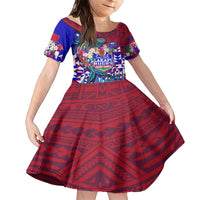 Manu Samoa Rugby 2023 Family Matching Short Sleeve Bodycon Dress and Hawaiian Shirt Humpback Whale Hexagon Tribal Tropical Style DT02 Daughter's Dress Blue - Polynesian Pride
