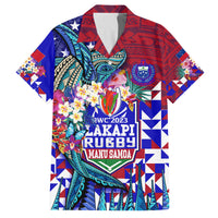 Manu Samoa Rugby 2023 Family Matching Summer Maxi Dress and Hawaiian Shirt Humpback Whale Hexagon Tribal Tropical Style DT02 Dad's Shirt - Short Sleeve Blue - Polynesian Pride