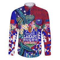 Manu Samoa Rugby 2023 Family Matching Summer Maxi Dress and Hawaiian Shirt Humpback Whale Hexagon Tribal Tropical Style DT02 Dad's Shirt - Long Sleeve Blue - Polynesian Pride