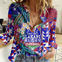 Manu Samoa Rugby 2023 Women Casual Shirt Humpback Whale Hexagon Tribal Tropical Style DT02 Female Blue - Polynesian Pride