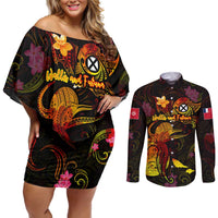 Wallis and Futuna Couples Matching Off Shoulder Short Dress and Long Sleeve Button Shirt Octopus Plumeria Polynesian Tattoo