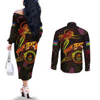 New Caledonia Couples Matching Off The Shoulder Long Sleeve Dress and Long Sleeve Button Shirt Octopus Plumeria Polynesian Tattoo