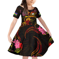 New Caledonia Family Matching Off Shoulder Short Dress and Hawaiian Shirt Octopus Plumeria Polynesian Tattoo DT02 Daughter's Dress Black - Polynesian Pride