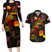 Tahiti French Polynesia Couples Matching Long Sleeve Bodycon Dress and Hawaiian Shirt Octopus Plumeria Polynesian Tattoo DT02 Black - Polynesian Pride