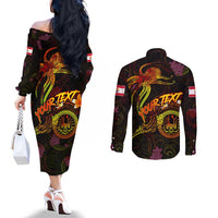 Tahiti French Polynesia Couples Matching Off The Shoulder Long Sleeve Dress and Long Sleeve Button Shirt Octopus Plumeria Polynesian Tattoo DT02 - Polynesian Pride