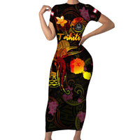 Tahiti French Polynesia Short Sleeve Bodycon Dress Octopus Plumeria Polynesian Tattoo