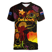 Cook Islands Women V-Neck T-Shirt Octopus Plumeria Polynesian Tattoo