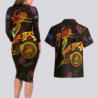 Nauru Couples Matching Long Sleeve Bodycon Dress and Hawaiian Shirt Octopus Plumeria Polynesian Tattoo