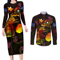 Nauru Couples Matching Long Sleeve Bodycon Dress and Long Sleeve Button Shirt Octopus Plumeria Polynesian Tattoo