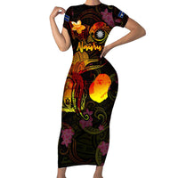 Nauru Family Matching Short Sleeve Bodycon Dress and Hawaiian Shirt Octopus Plumeria Polynesian Tattoo DT02 Mom's Dress Black - Polynesian Pride
