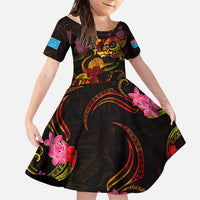 Tuvalu Family Matching Long Sleeve Bodycon Dress and Hawaiian Shirt Octopus Plumeria Polynesian Tattoo DT02 Daughter's Dress Black - Polynesian Pride