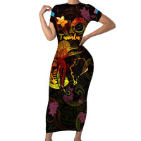 Tuvalu Family Matching Short Sleeve Bodycon Dress and Hawaiian Shirt Octopus Plumeria Polynesian Tattoo DT02 Mom's Dress Black - Polynesian Pride