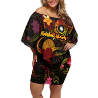 Marshall Islands Family Matching Off Shoulder Short Dress and Hawaiian Shirt Octopus Plumeria Polynesian Tattoo DT02 Mom's Dress Black - Polynesian Pride