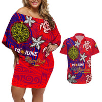 Personalized Philippines 12 June Independence Day Couples Matching Off Shoulder Short Dress and Hawaiian Shirt Polynesian Turtle Plumeria DT02 Red - Polynesian Pride