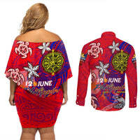 Personalized Philippines 12 June Independence Day Couples Matching Off Shoulder Short Dress and Long Sleeve Button Shirt Polynesian Turtle Plumeria DT02 - Polynesian Pride