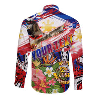 Personalized Philippines Independence Day Long Sleeve Button Shirt Polynesia Filipinas Eagle Hibiscus