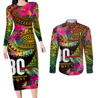 Personalised Vanuatu Independence Day 30 July Couples Matching Long Sleeve Bodycon Dress and Long Sleeve Button Shirt Hibiscus Polynesian Pattern