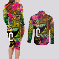 Personalised Vanuatu Independence Day 30 July Couples Matching Long Sleeve Bodycon Dress and Long Sleeve Button Shirt Hibiscus Polynesian Pattern