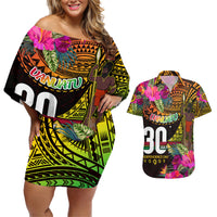 Personalised Vanuatu Independence Day 30 July Couples Matching Off Shoulder Short Dress and Hawaiian Shirt Hibiscus Polynesian Pattern