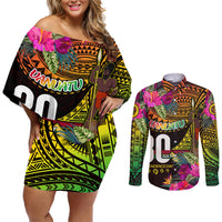 Personalised Vanuatu Independence Day 30 July Couples Matching Off Shoulder Short Dress and Long Sleeve Button Shirt Hibiscus Polynesian Pattern