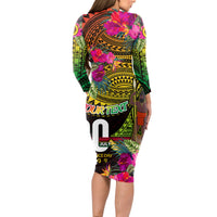 Personalised Vanuatu Independence Day 30 July Long Sleeve Bodycon Dress Hibiscus Polynesian Pattern
